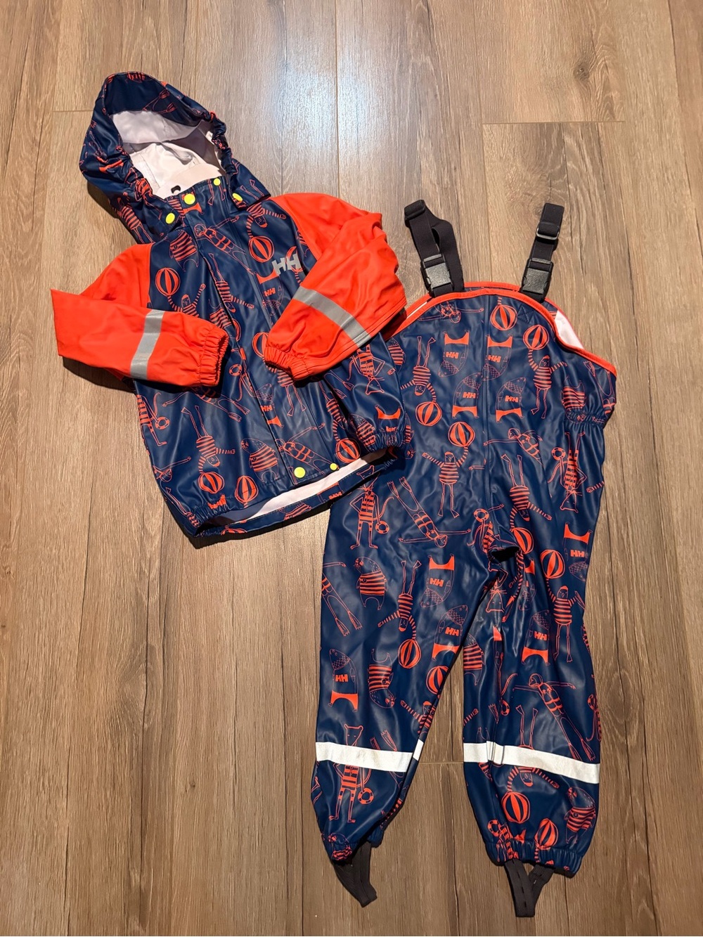 Helly Hansen Kids Rain Set Bibs Overalls and Jacket Waterproof Navy Blue Orange